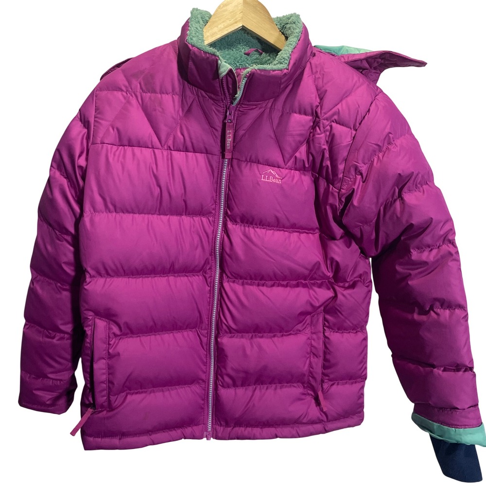 LL Bean Kids XL 18 Puffer Jacket Magenta Purple Fleece Lined Hooded Winter Coat
